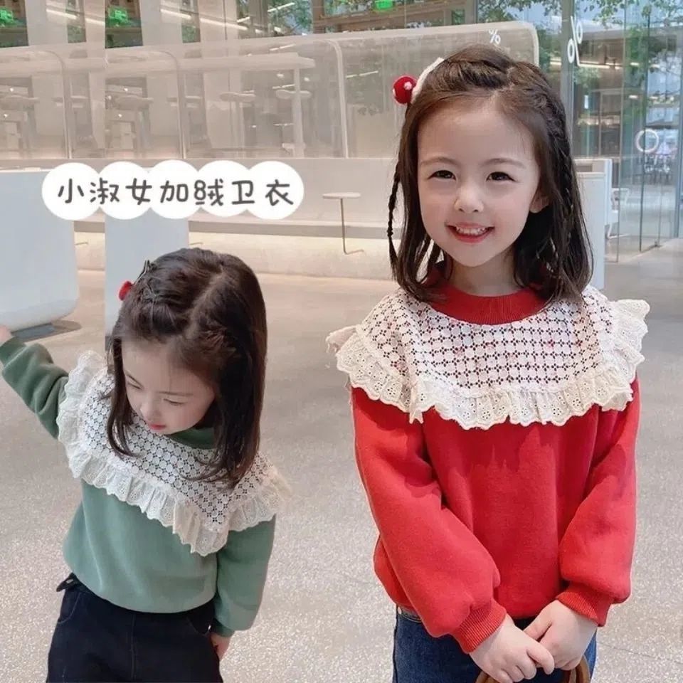 Ladylike style thickened velvet sweatshirt for girls  autumn and winter new style lace stitching trendy children's tops