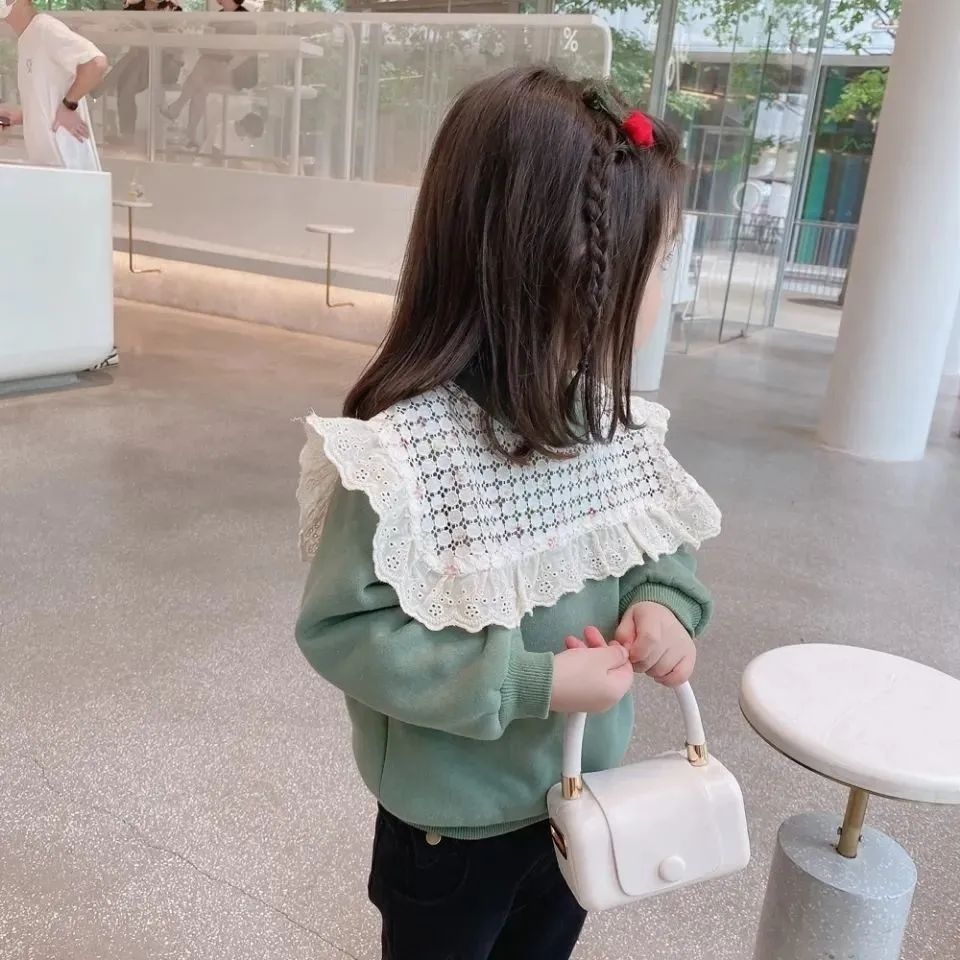 Ladylike style thickened velvet sweatshirt for girls  autumn and winter new style lace stitching trendy children's tops