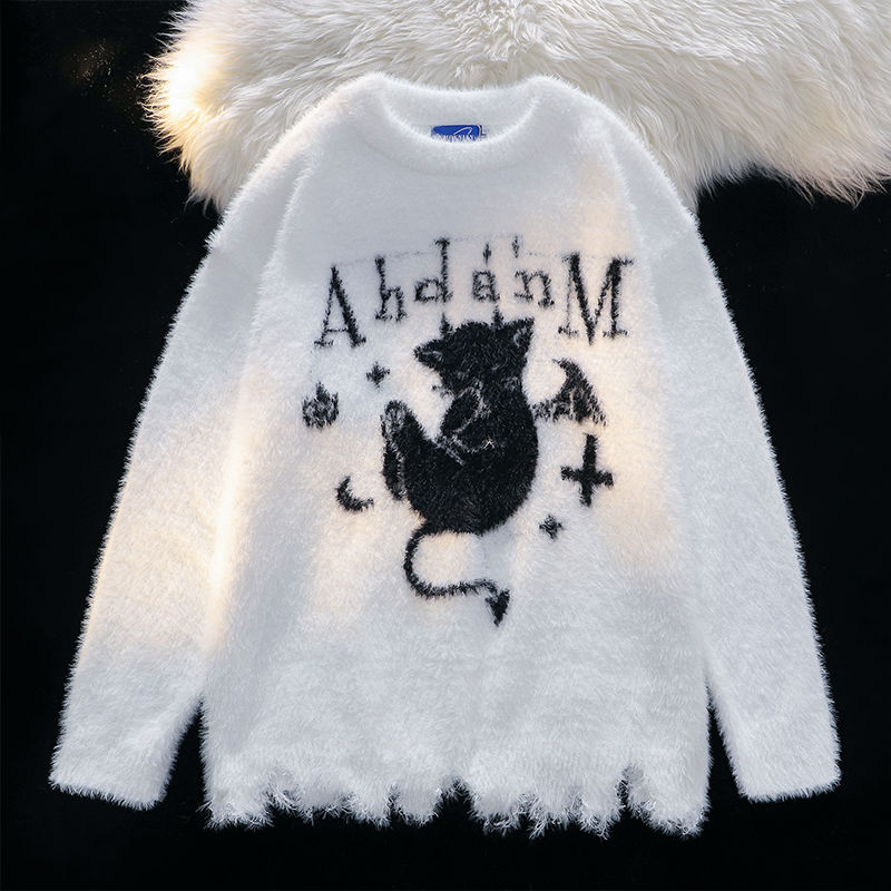 新款美式复古小恶魔猫咪做旧破洞设计宽松毛衣秋冬季情侣上衣