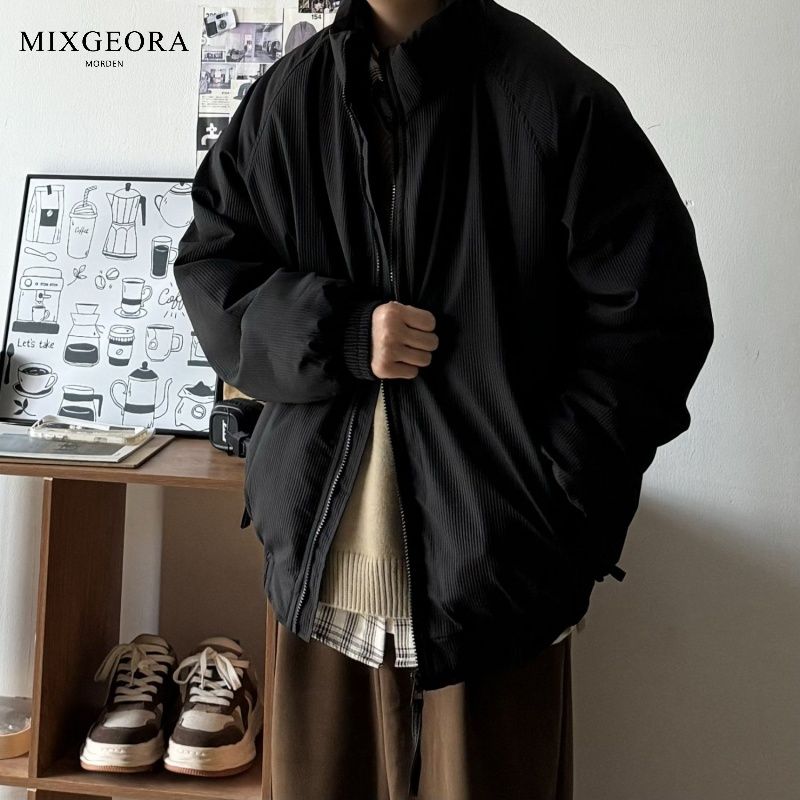 MIX GEORA日系男裝秋冬復古純色立領棉襖寬鬆燈芯絨夾克棉服棉衣
