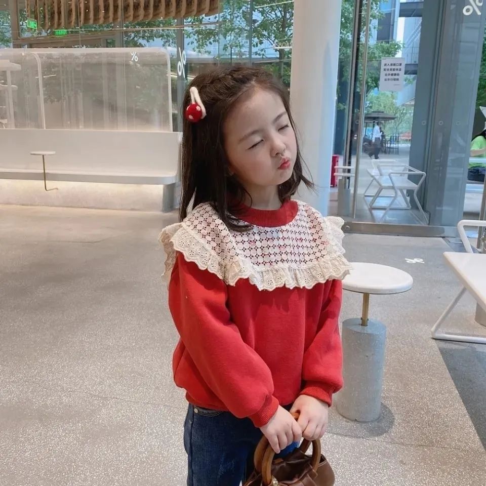 Ladylike style thickened velvet sweatshirt for girls  autumn and winter new style lace stitching trendy children's tops