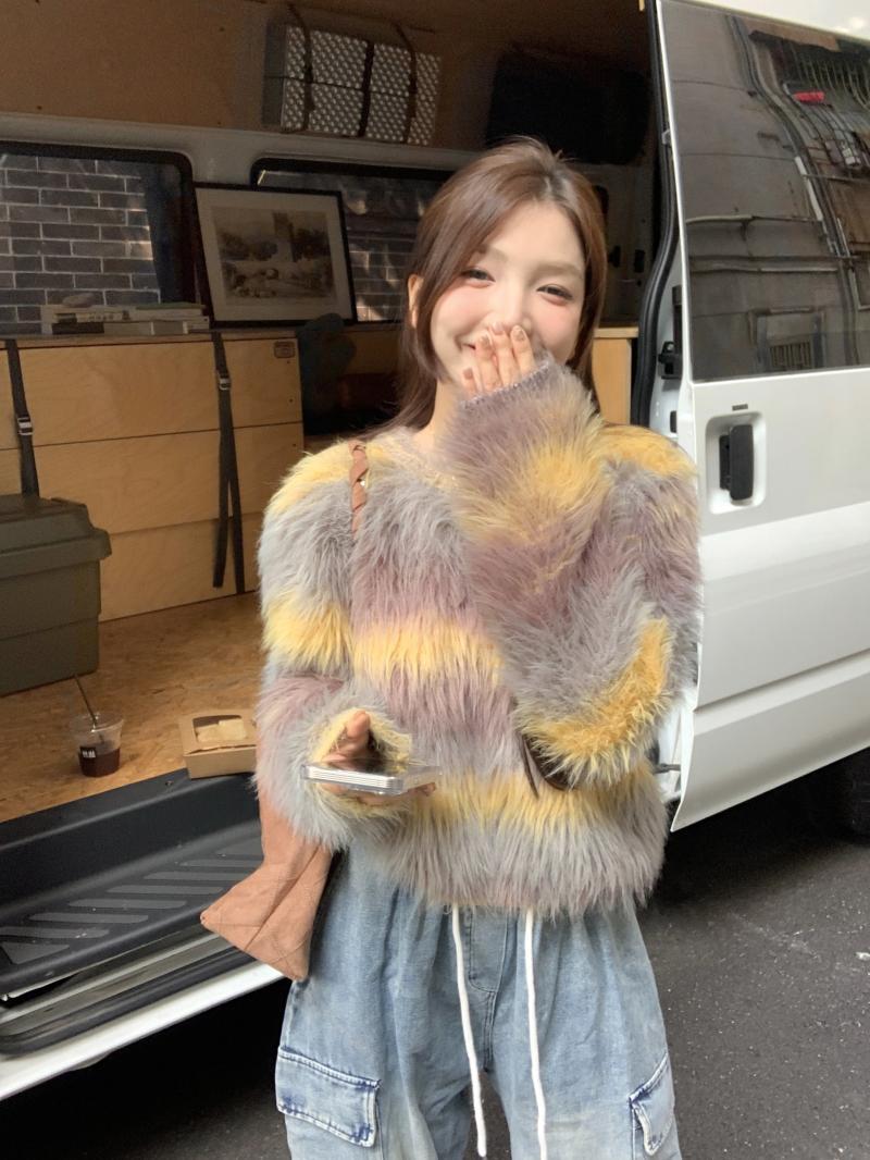 水貂毛軟糯毛衣女秋冬2023新款漸變色寬鬆慵懶長袖針織衫套頭上衣