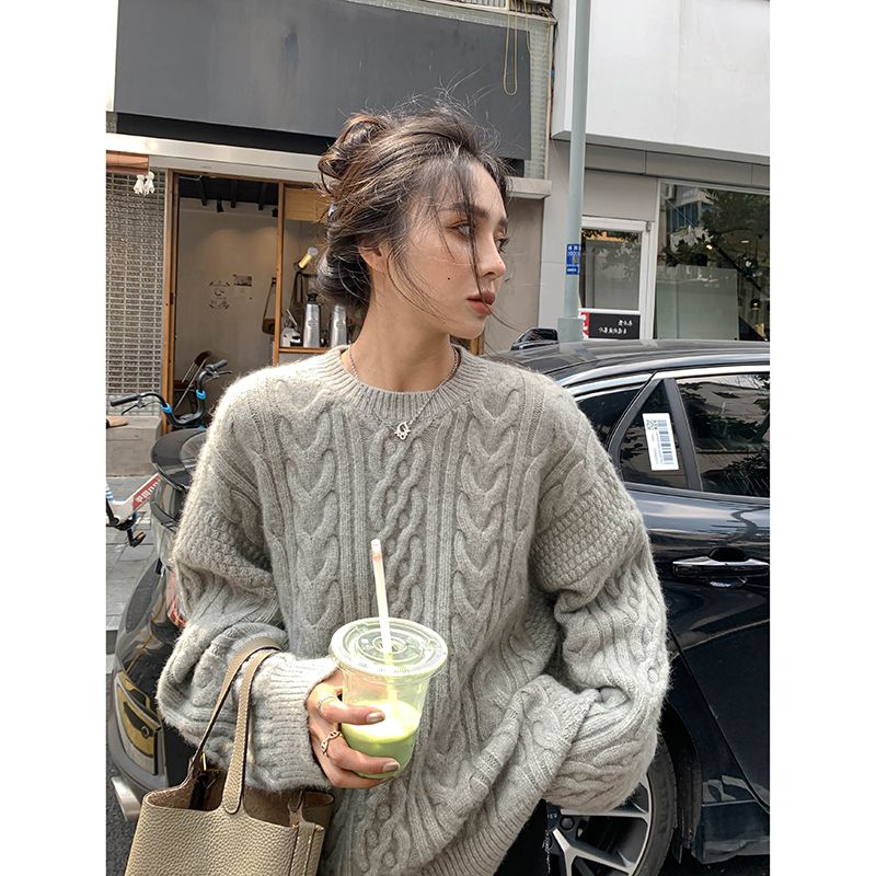 軟糯麻花復古灰色毛衣女春秋加厚圓領針織衫外穿慵懶寬鬆日系上衣
