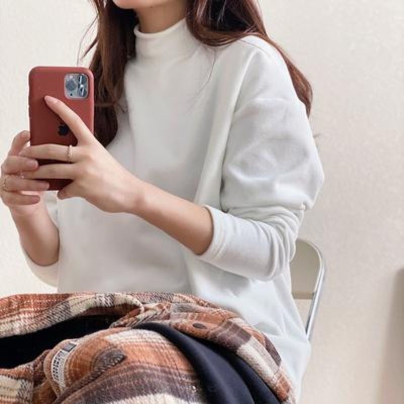 軟糯德絨白色打底衫寬鬆上衣半高領秋冬季新款內搭長袖t恤女純色