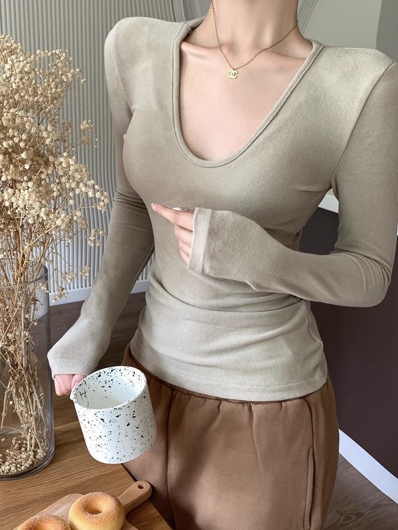 性感低V領露鎖骨加厚T恤秋冬女士修身彈力內搭打底衫正肩長袖上衣