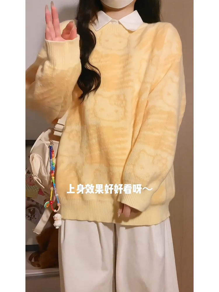 Hellokitty黃色套頭毛衣女秋冬奶fufu設計感小眾慵懶風軟糯針織衫
