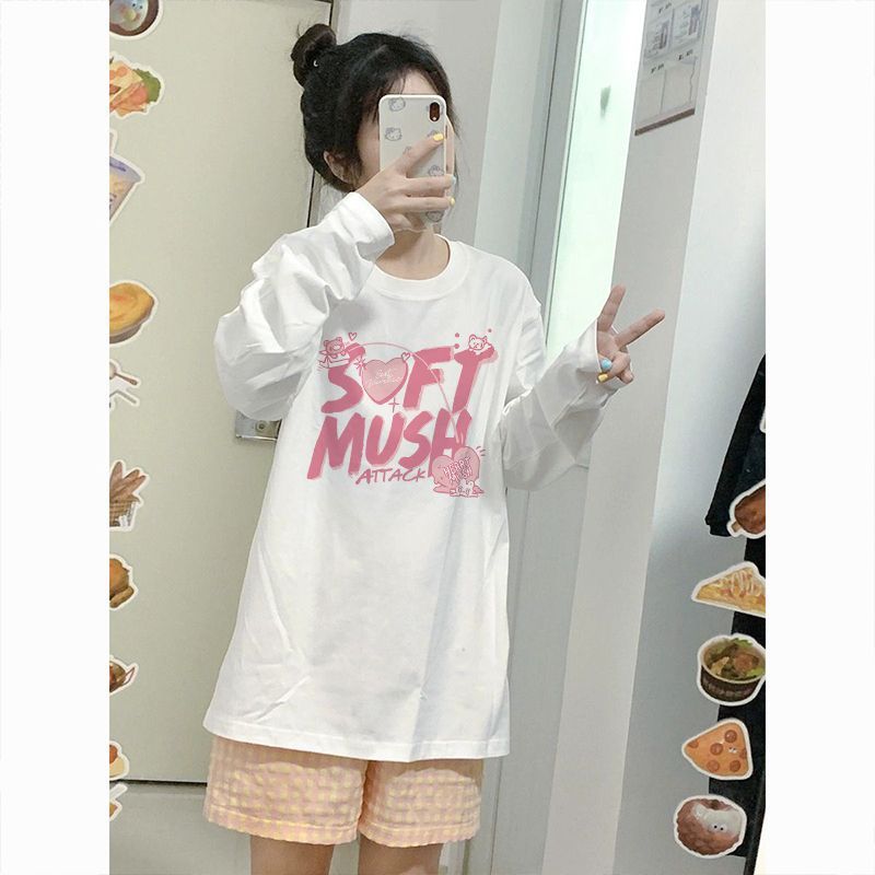 白色純棉T恤女秋季新款寬鬆內搭打底衫秋冬韓版長袖白t上衣圓領