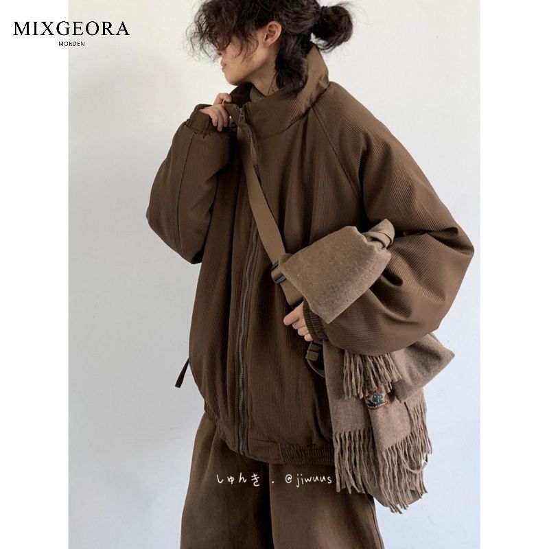 MIX GEORA冬季复古条纹工装夹棉外套男女宽松休闲立领灯芯绒夹克