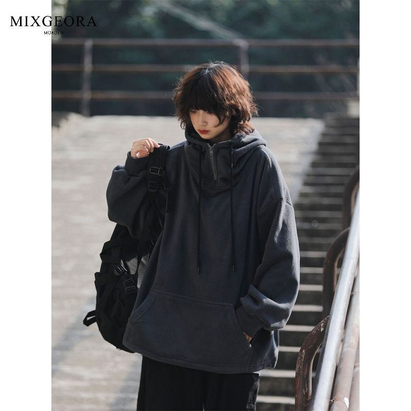 MIX GEORA Japanese retro velvet thickened pullover hooded sweatshirt men's loose autumn and winter American jacket