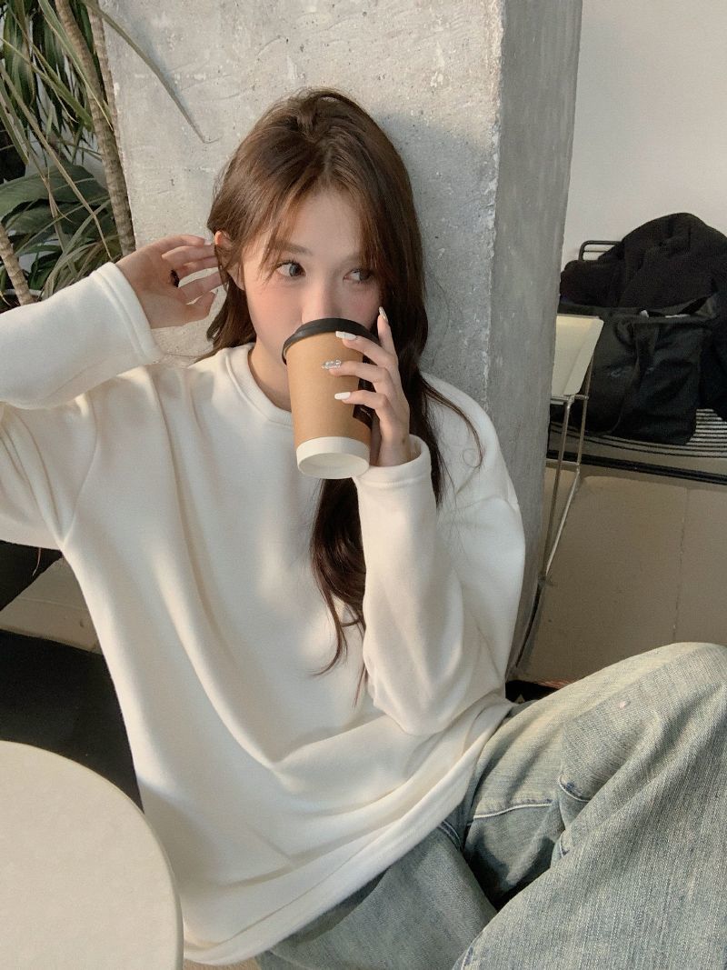 德絨白色打底衫女t恤秋冬新款中長款寬鬆百搭雙面磨毛長袖上衣潮