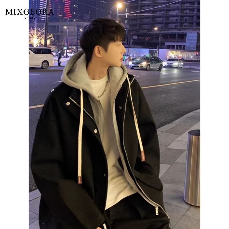 MIX GEORA假兩件毛呢外套男秋冬加厚高級感連帽潮牌痞帥潮流夾克