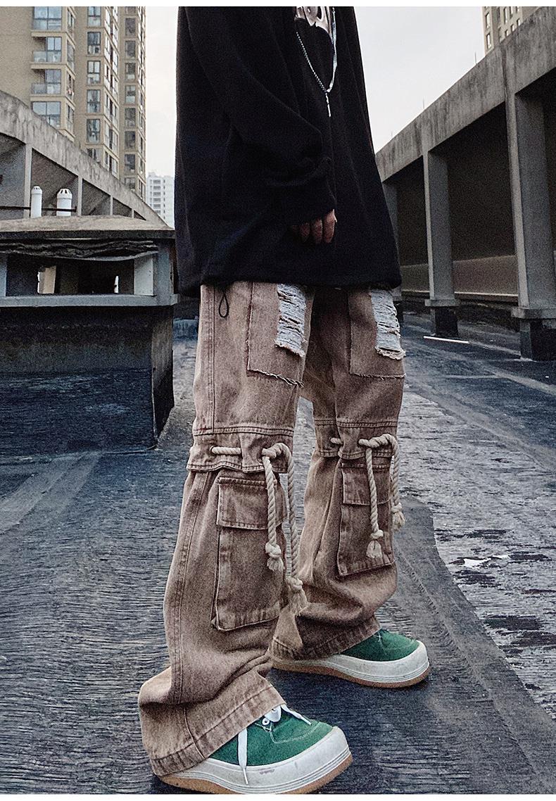Jean vintage américain tendance style hip-hop à grandes poches, coupe ample, pantalon droit rétro à jambes larges_voghion.com
