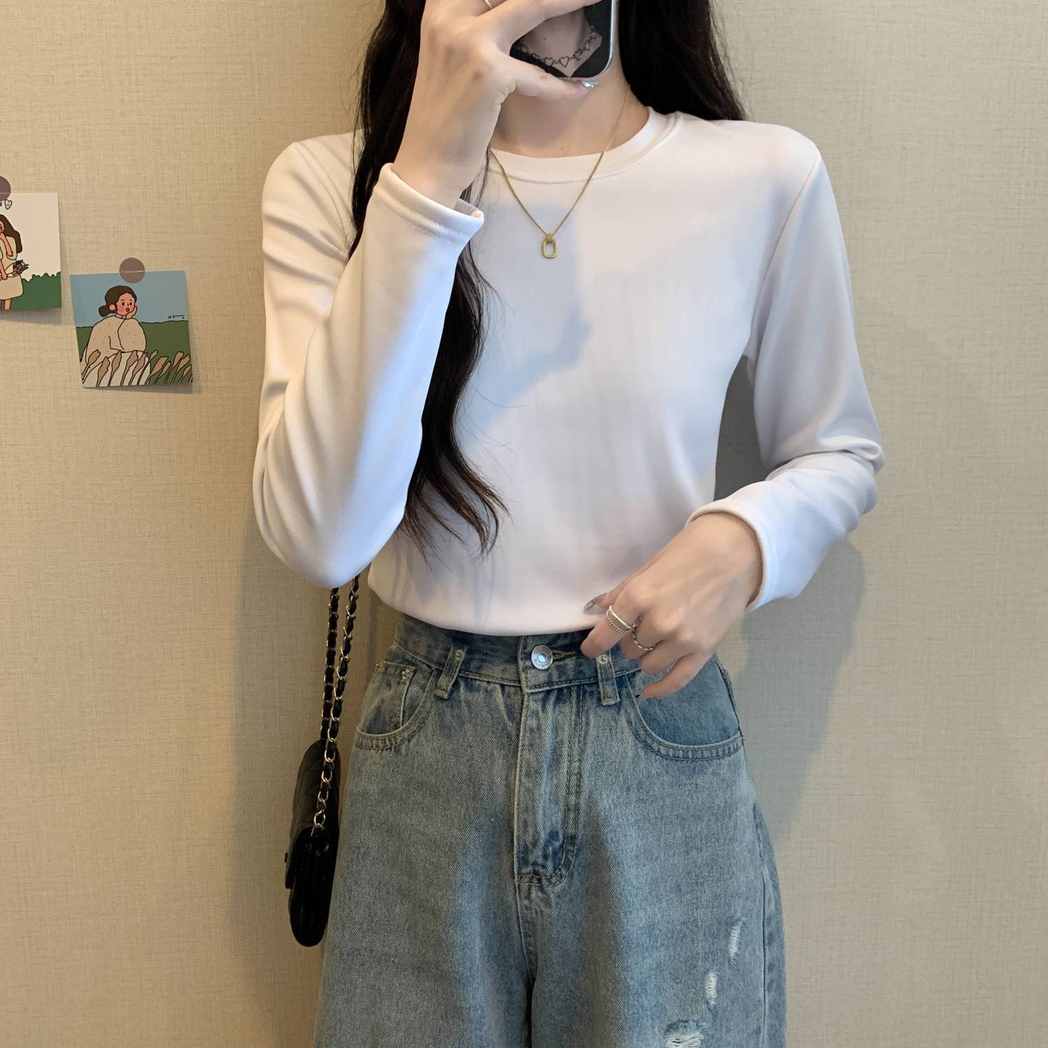 雙面德絨長袖t恤女百搭圓領打底衫秋冬加厚磨毛白色純色寬鬆T恤女
