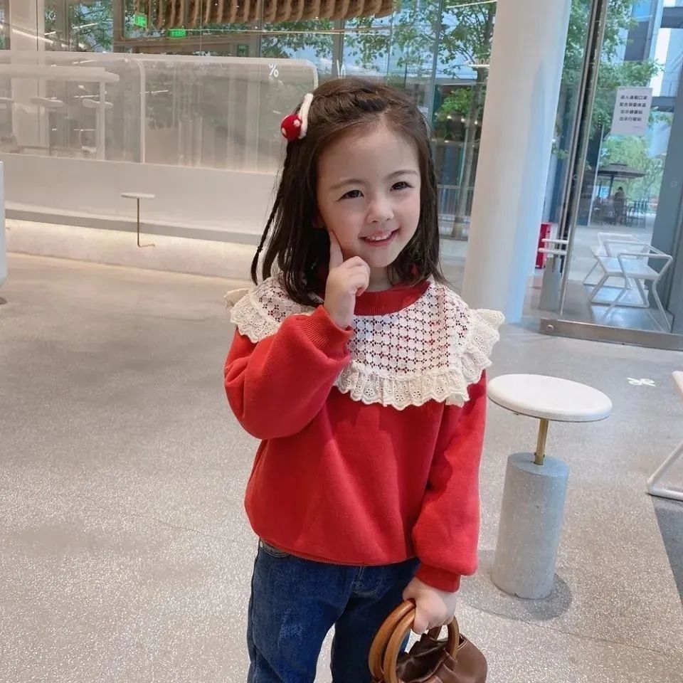 Ladylike style thickened velvet sweatshirt for girls  autumn and winter new style lace stitching trendy children's tops