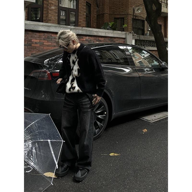 美式復古小眾設計感斑點狗提花圓領毛衣男女秋冬情侶寬鬆小眾上衣