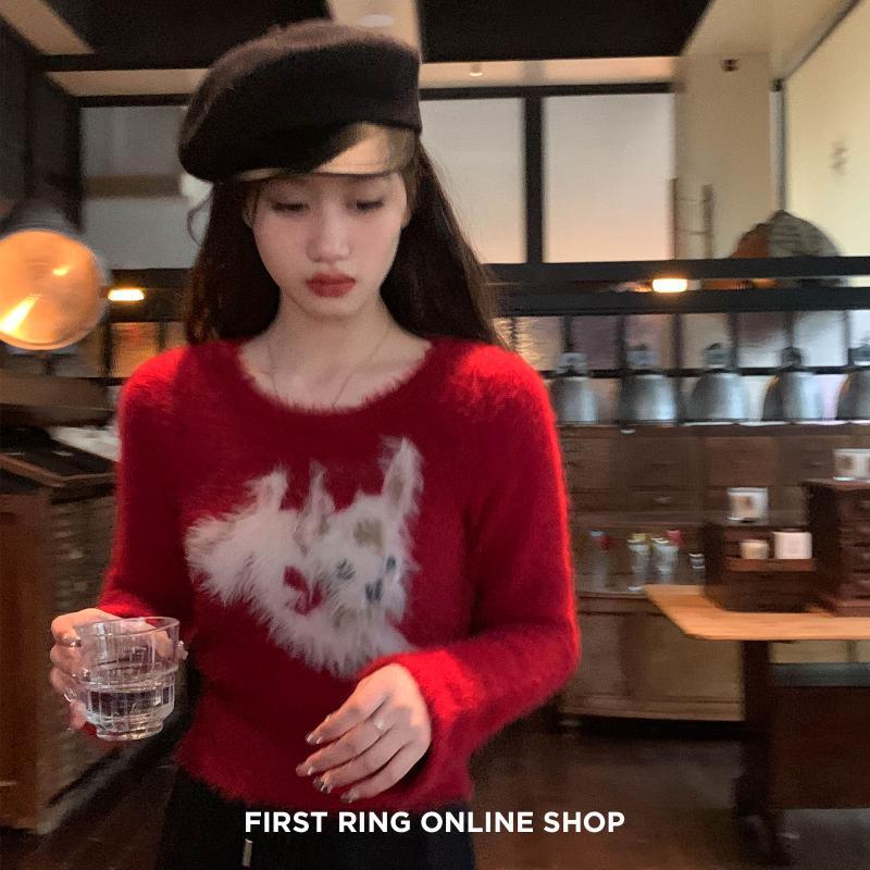 First Ring 紅/白 原創手繪小狗 仿貂毛圓領聖誕毛衣短款上衣冬
