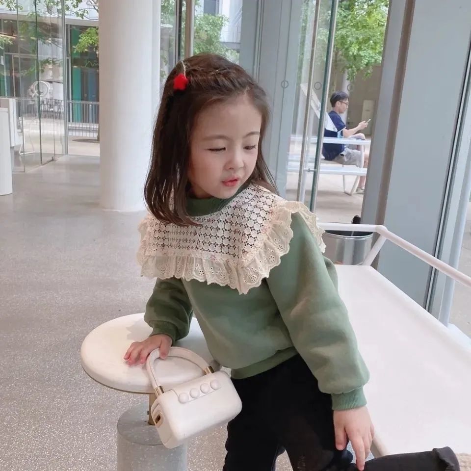 Ladylike style thickened velvet sweatshirt for girls  autumn and winter new style lace stitching trendy children's tops