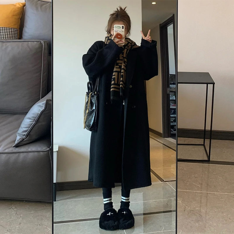 赫本風黑色雙面羊絨大衣女2023新款秋冬季高級感小個子羊毛呢外套