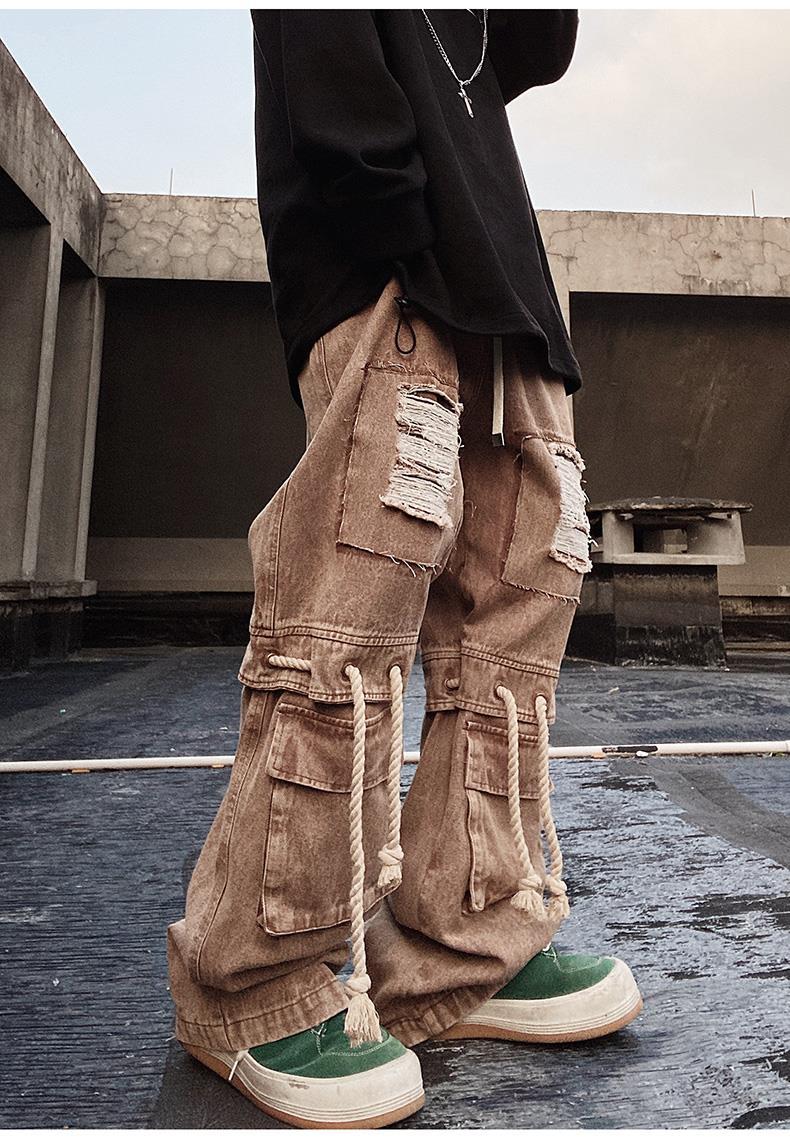 Jean vintage américain tendance style hip-hop à grandes poches, coupe ample, pantalon droit rétro à jambes larges_voghion.com