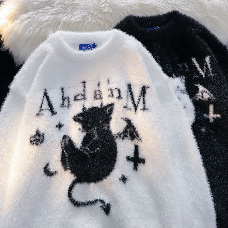 新款美式复古小恶魔猫咪做旧破洞设计宽松毛衣秋冬季情侣上衣