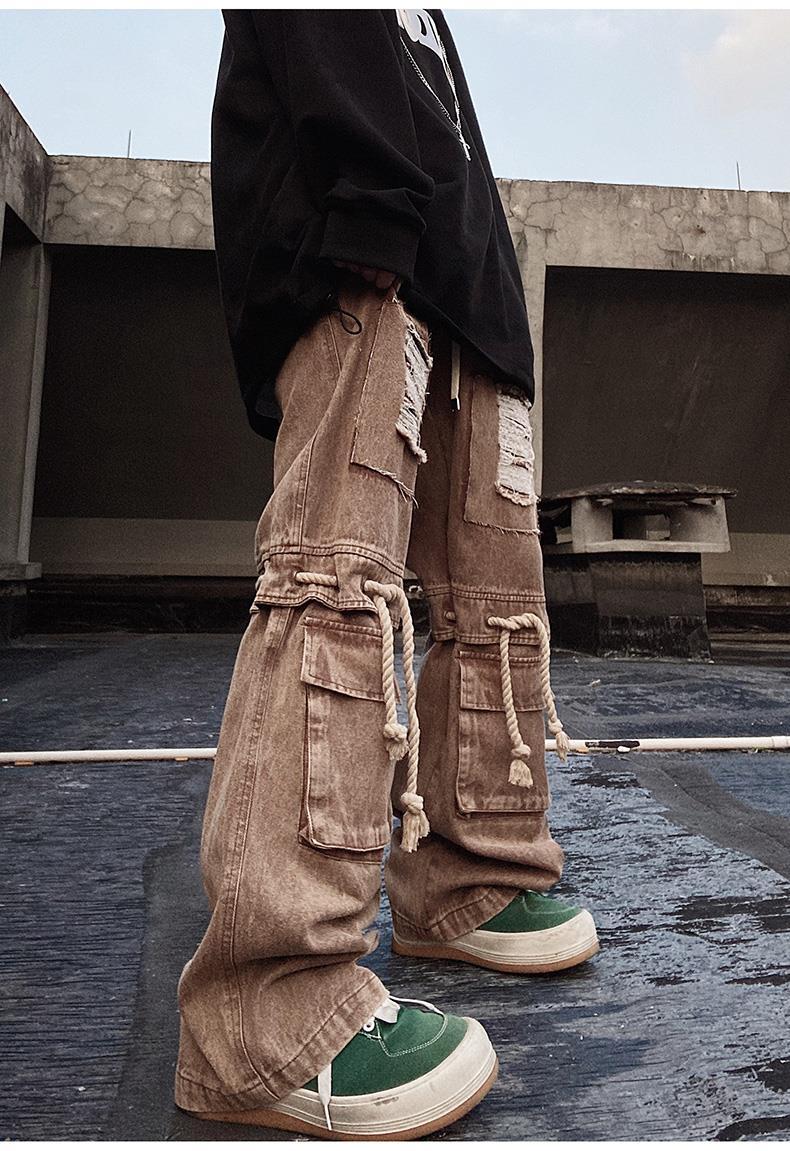 Jean vintage américain tendance style hip-hop à grandes poches, coupe ample, pantalon droit rétro à jambes larges_voghion.com