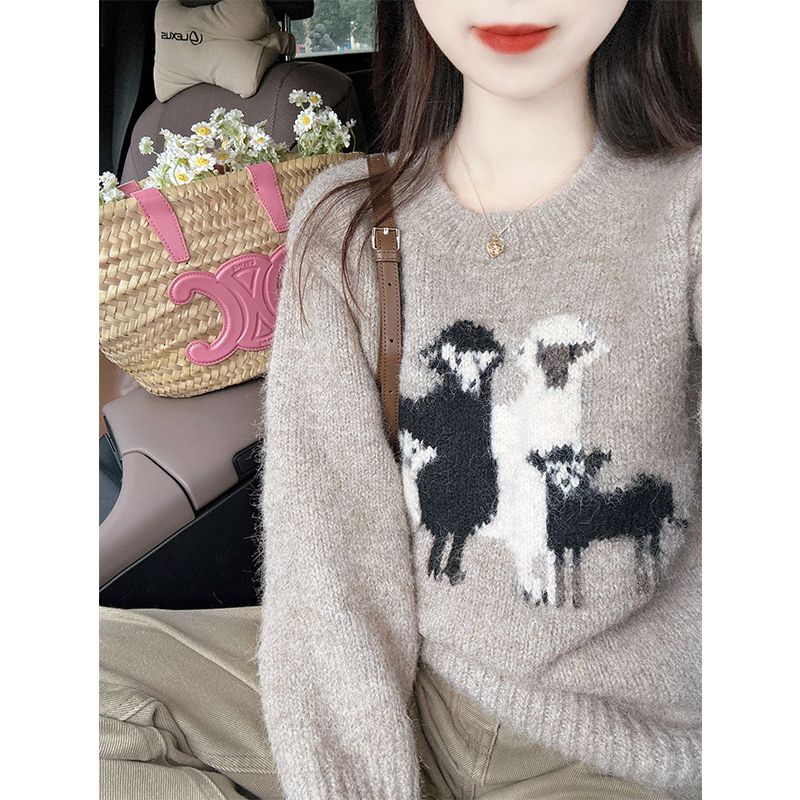 日系復古可愛提花針織毛衣女秋冬季軟糯懶慵風高級感保暖加厚上衣