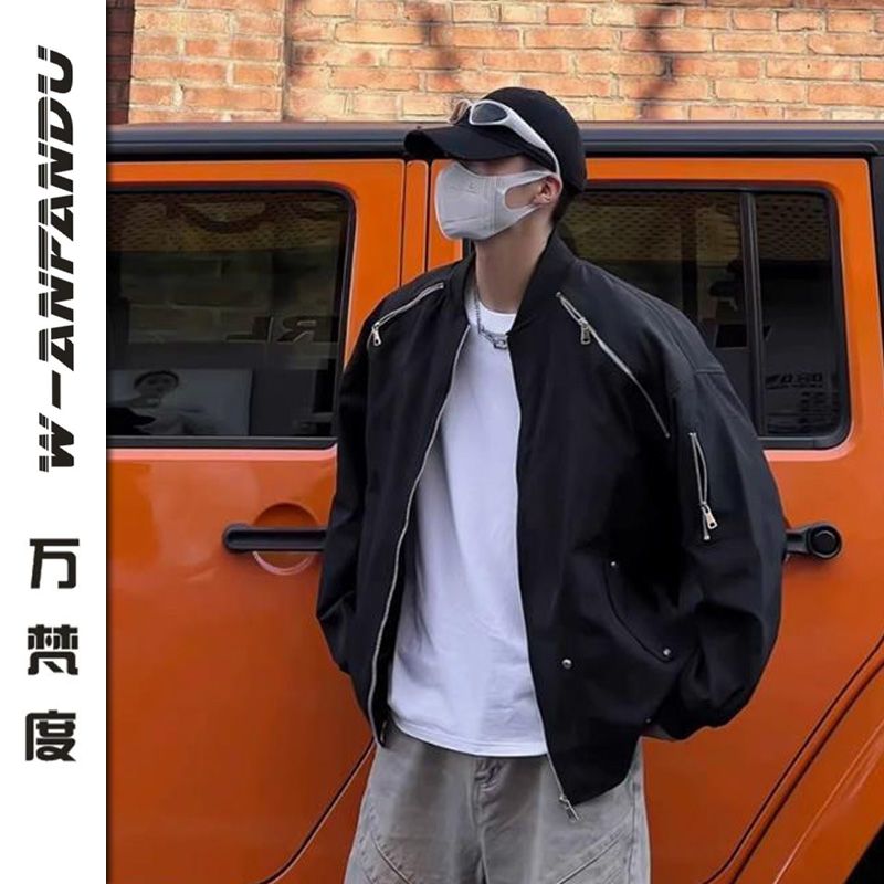 萬梵度秋季美式復古工裝拉鏈設計男夾克休閒寬鬆純色上衣外套ins