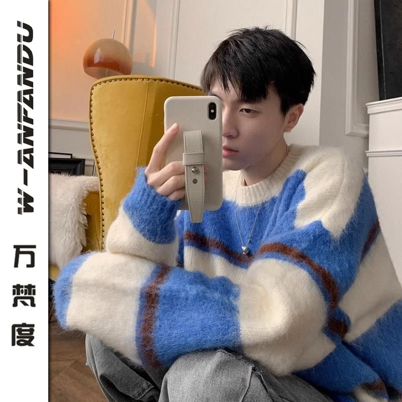 萬梵度毛衣慵懶高級感男冬季撞色藍白條紋套頭針織衫情侶休閒外套