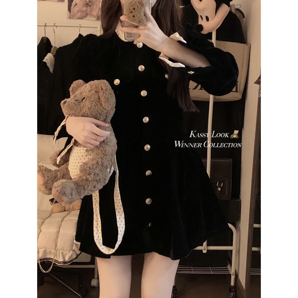 French velvet dress women's autumn and winter  new single-breasted design waist slimming long-sleeved skirt