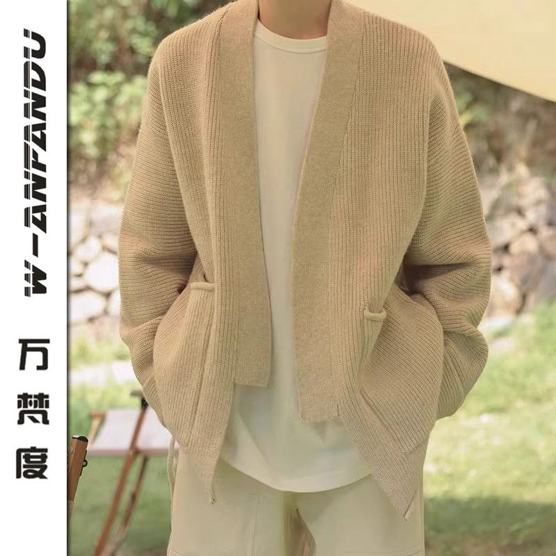萬梵度秋冬季新款疊領毛衣外套新中式綁帶慵懶風潮流針織開衫男款