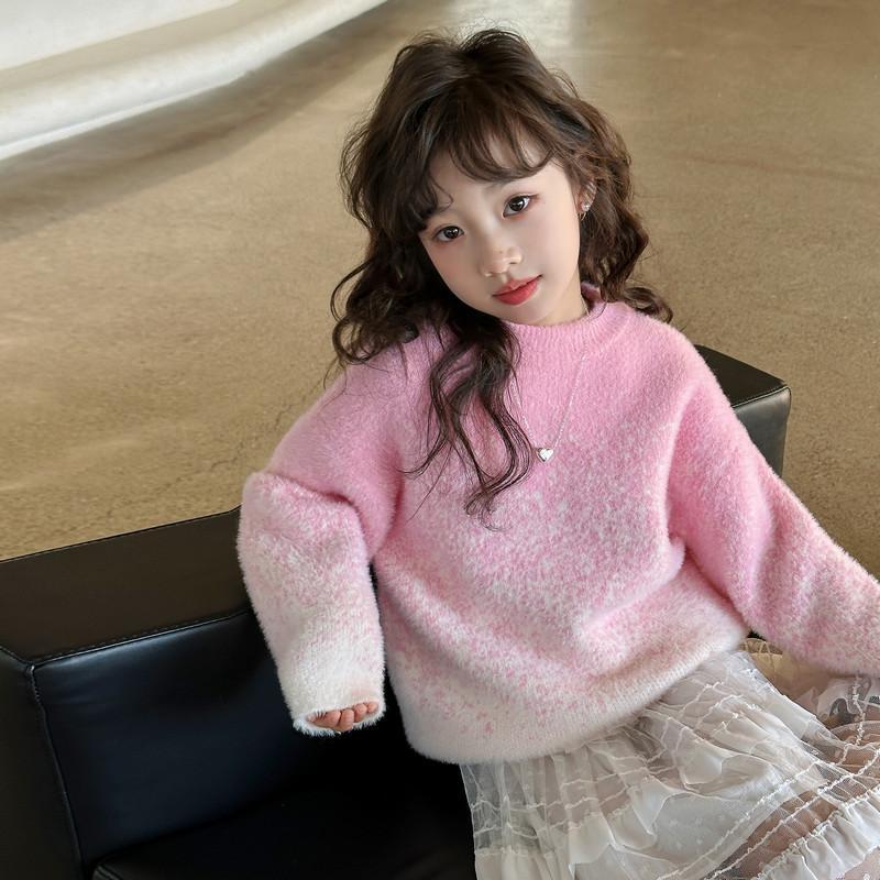 女童上衣秋冬款2023新款洋氣中大童冬季兒童粉色加厚漸變親子毛衣