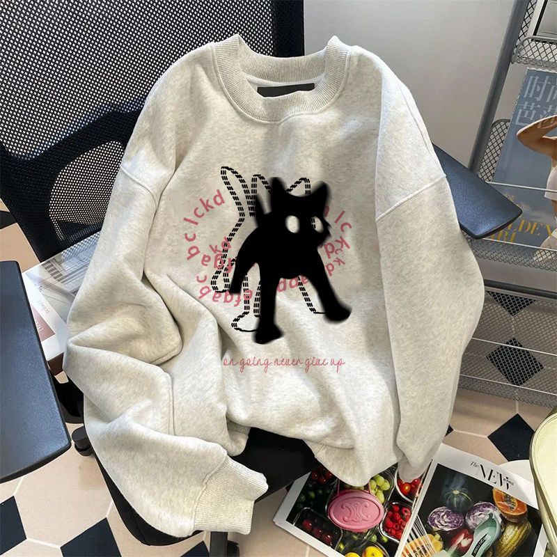 重磅純棉銀狐絨美式復古卡通甜美圓領衛衣女秋冬寬鬆慵懶風上衣女