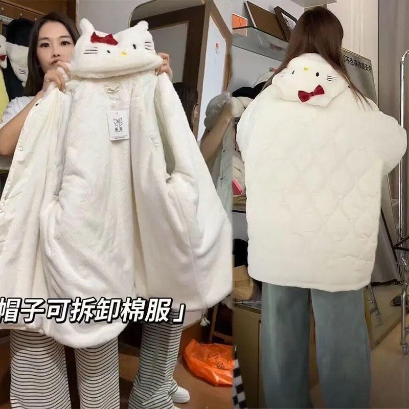 菱形格子可拆卸連帽凱蒂貓派克服女加絨加厚保暖情侶外套棉服棉襖