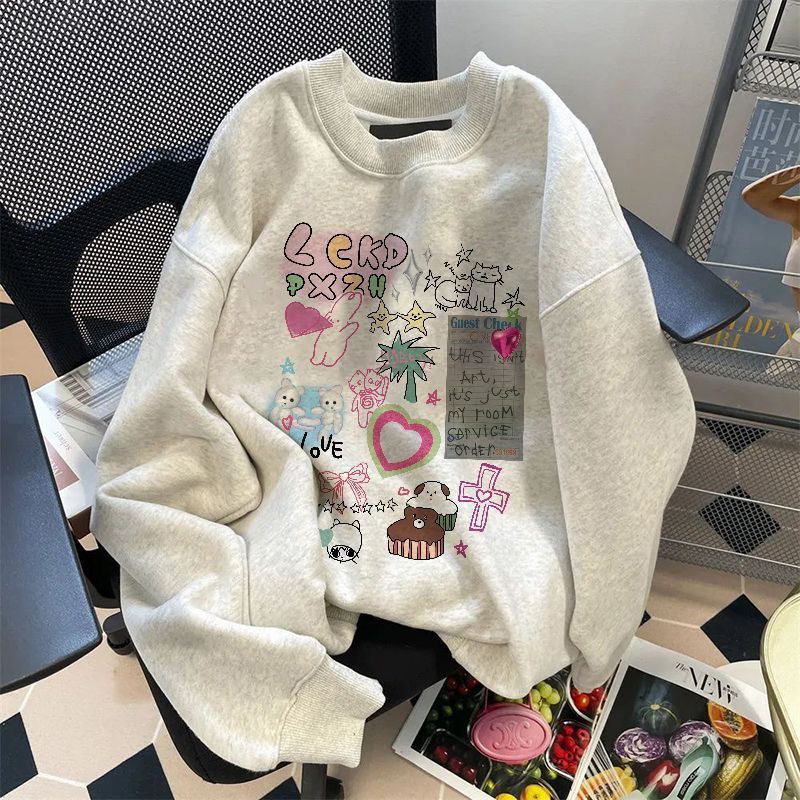 重磅純棉銀狐絨美式復古圓領衛衣女秋冬寬鬆高街小眾慵懶風上衣女