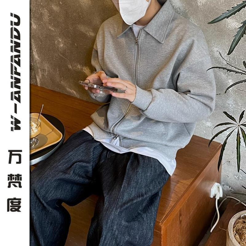萬梵度開衫衛衣男士2023春秋韓版寬鬆休閒拉鏈翻領設計感上衣外套