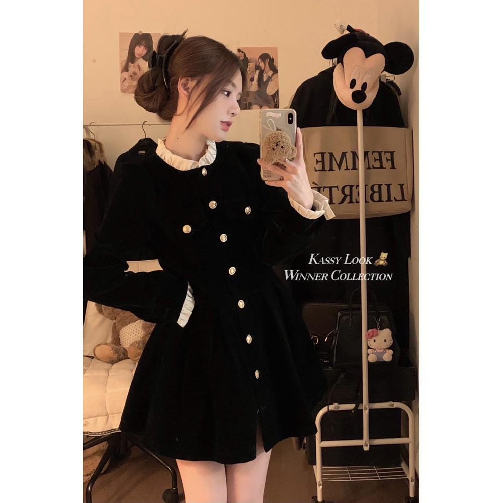 French velvet dress women's autumn and winter  new single-breasted design waist slimming long-sleeved skirt