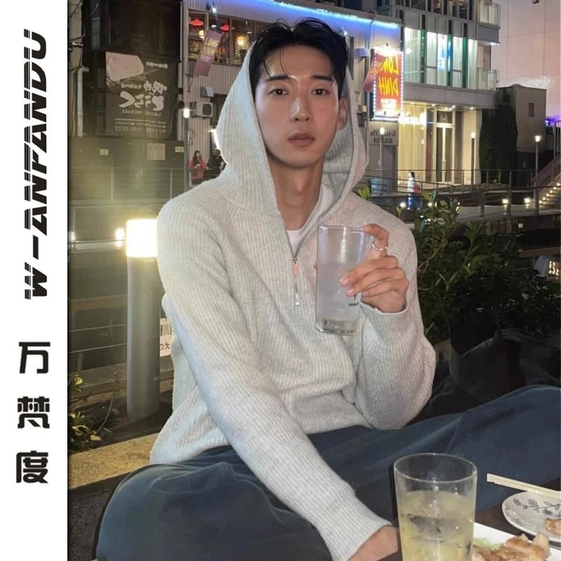 萬梵度連帽毛衣男款外套半拉鏈韓版寬鬆慵懶風休閒春秋針織帽衫男