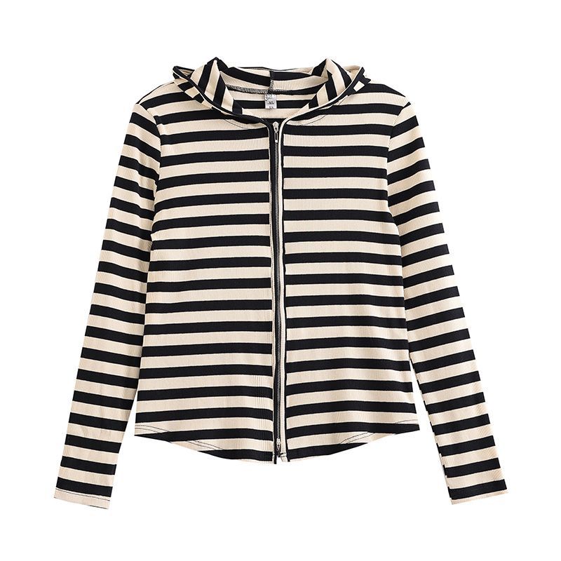 Paper Man Striped Series  Autumn New Yangzi Yarn Wool Skinny Texture Knitted Hooded Cardigan Top