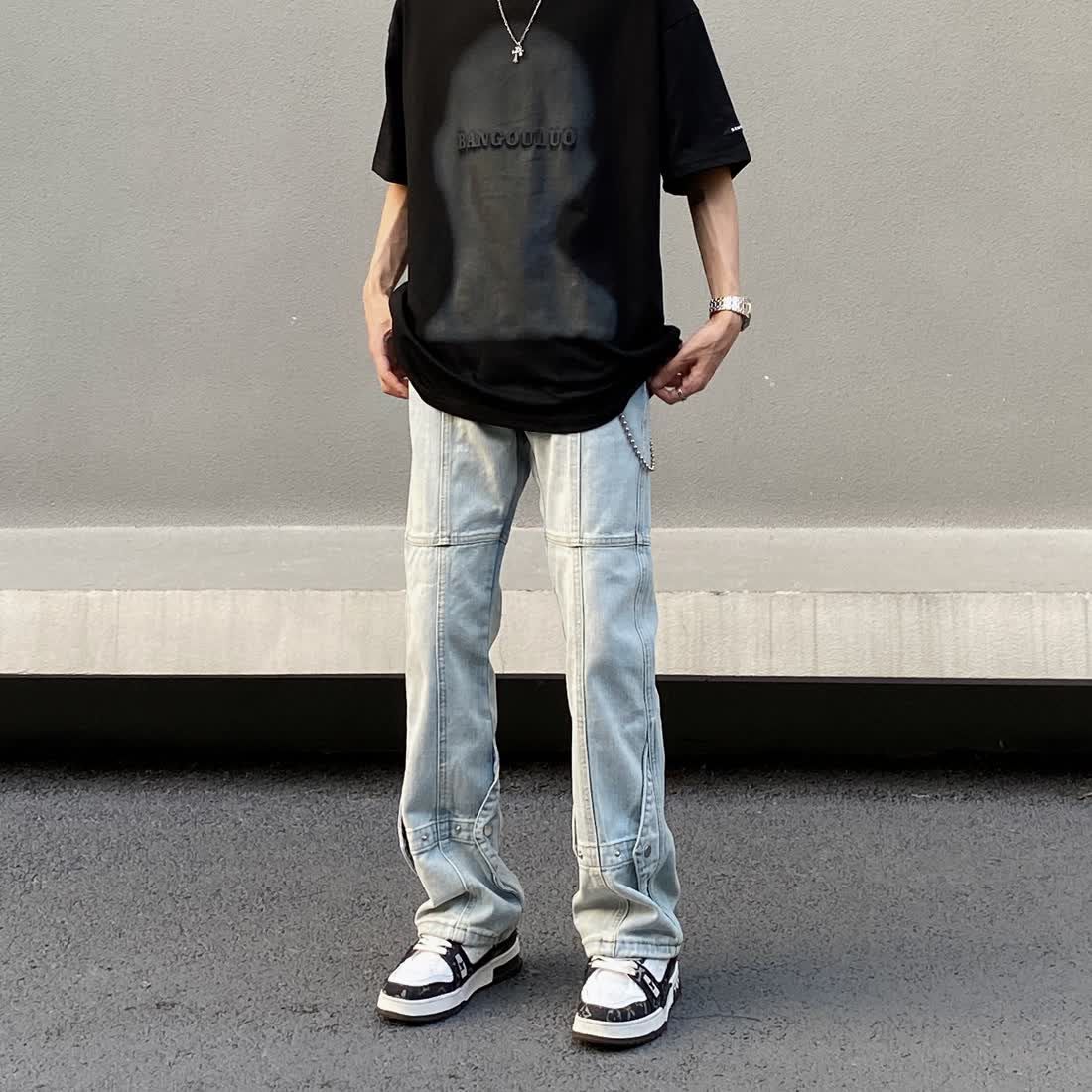 高街美式水洗做舊排扣牛仔褲男女寬鬆直筒vibe垂墜設計感bf長褲子