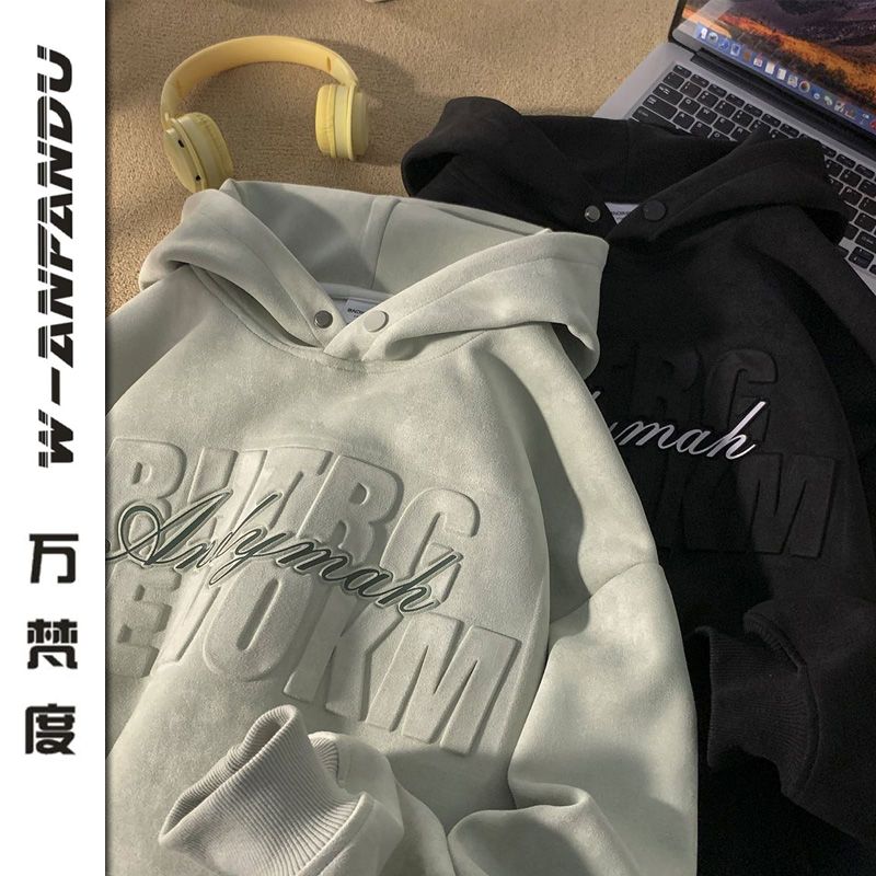 萬梵度美式復古麂皮絨連帽立體印花衛衣男款春秋重磅潮牌痞帥外套