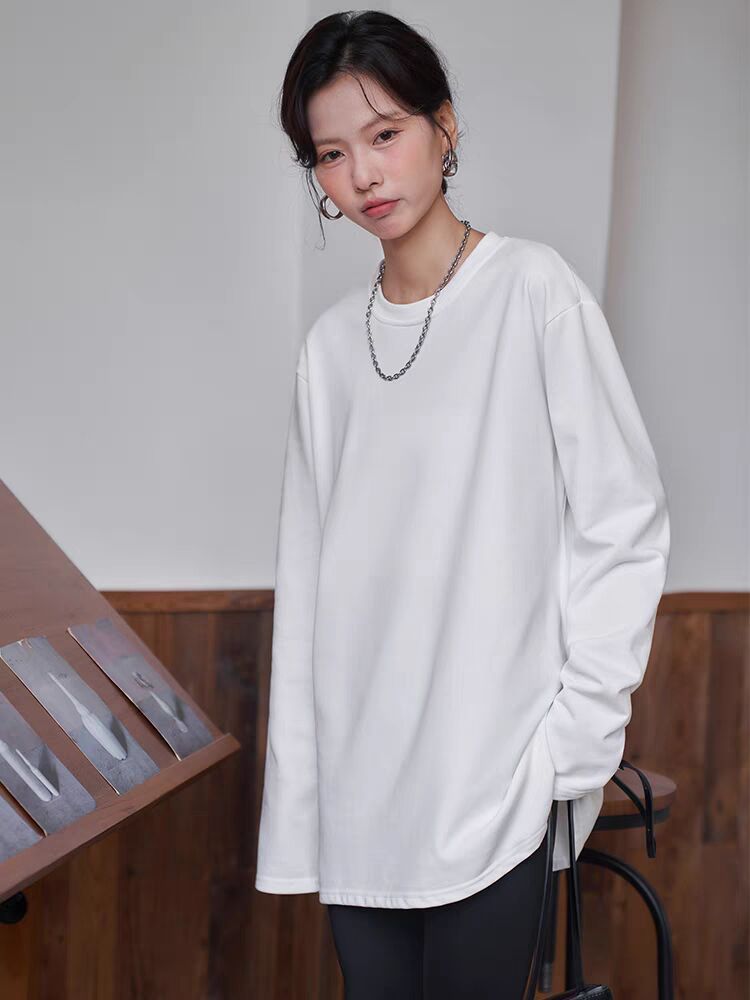 德絨加厚百搭T恤女長袖寬鬆打底衫秋冬洋氣內搭保暖休閒上衣ins潮