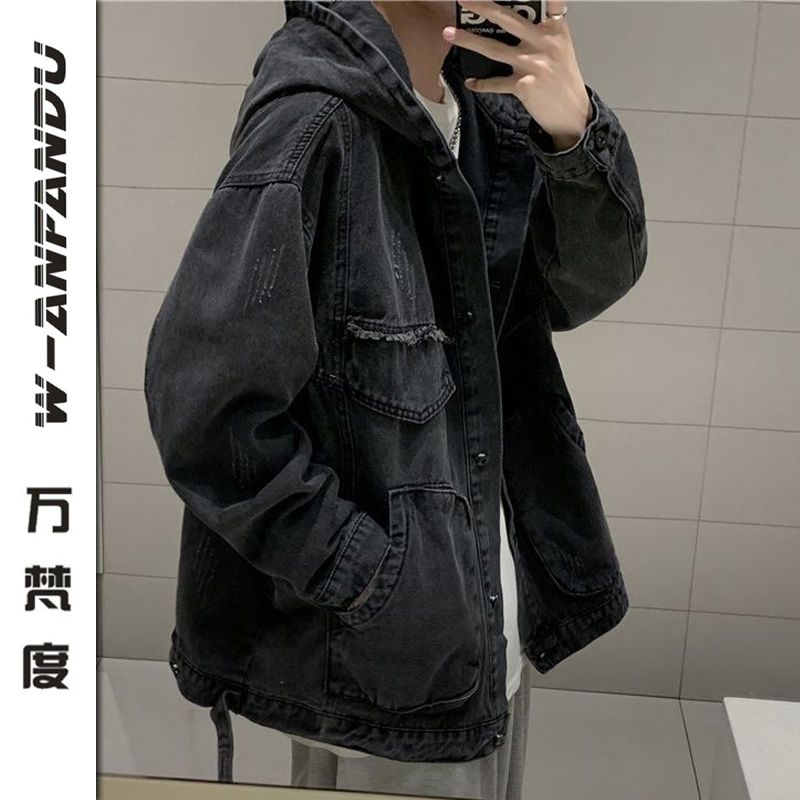 萬梵度連帽牛仔外套男士韓版潮牌寬鬆春秋季上衣網紅港風夾克潮牌