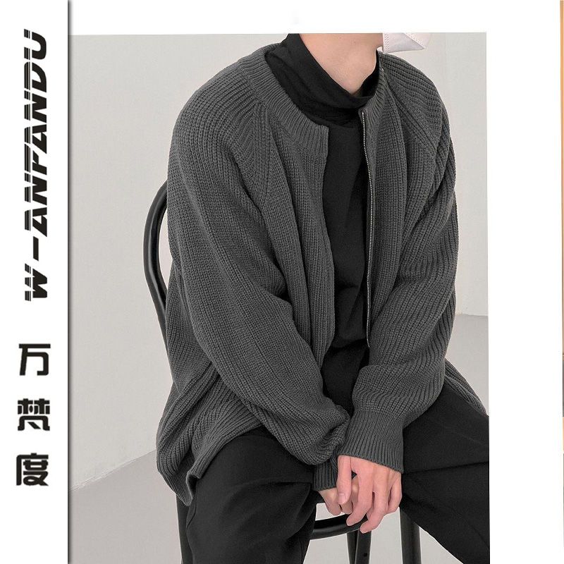 萬梵度春秋簡約純色圓領拉鏈開衫毛衣男休閒針織外套寬鬆百搭上衣
