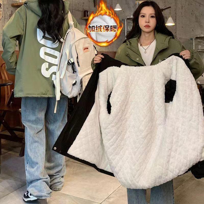 Popular lamb wool jacket for men and women 2023 new loose student spring, autumn and winter mid-length plus velvet thickened cotton coat