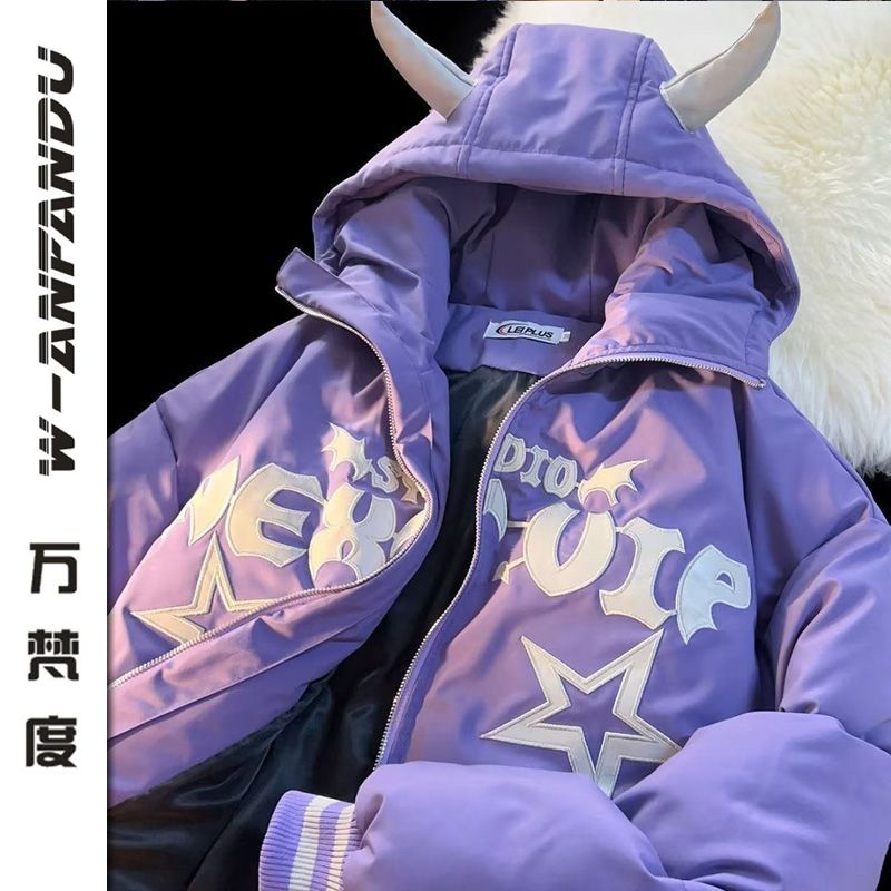 萬梵度日系潮流小惡魔角秋冬加厚棉服外套男女百搭夾棉情侶麵包服