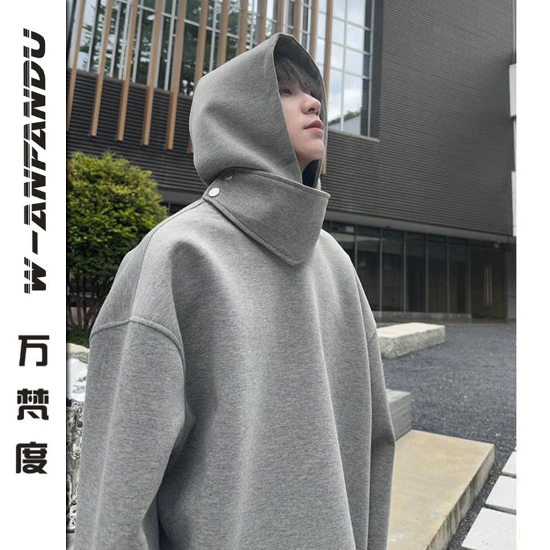 萬梵度設計感立領連帽衛衣男純色寬鬆百搭休閒情侶春秋季上衣潮牌