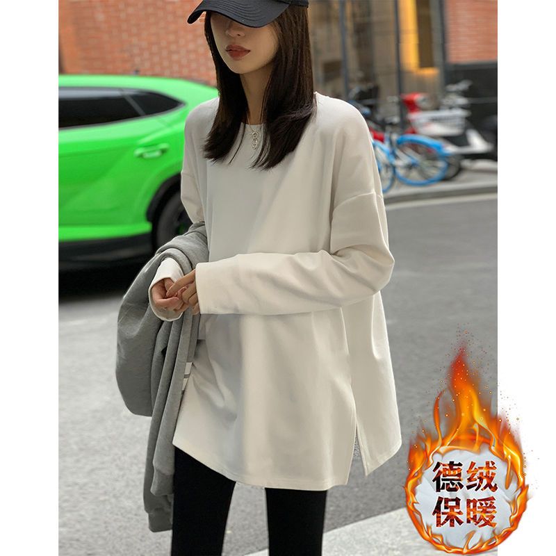 保暖加厚雙面德絨圓領白色打底衫女加絨秋冬磨毛內搭寬鬆中長T恤