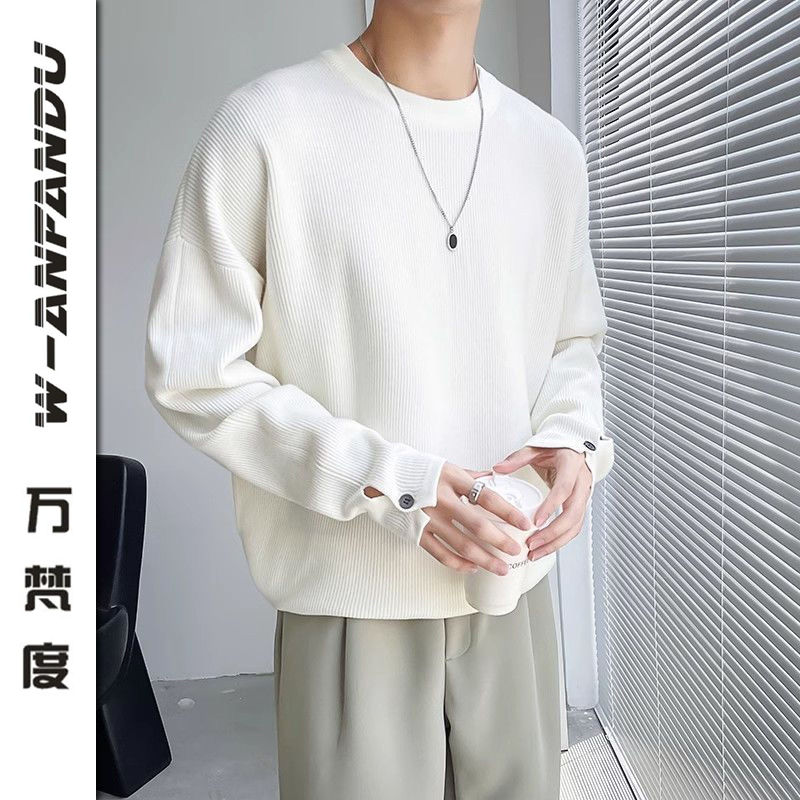 萬梵度春秋冬季ins純色圓領毛衣男韓版寬鬆套頭針織衫長袖打底衫