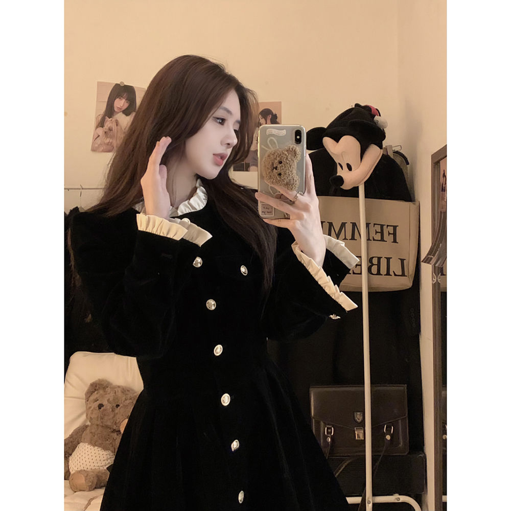 French velvet dress women's autumn and winter  new single-breasted design waist slimming long-sleeved skirt