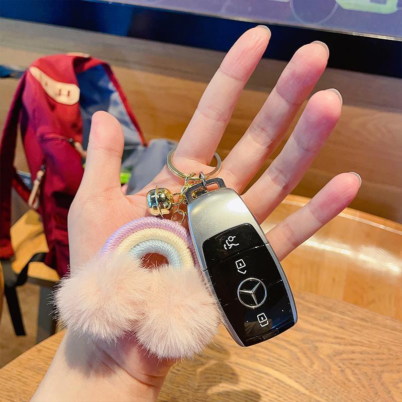 网红INS彩虹毛绒钥匙扣创意DIY包包挂件汽车钥匙圈娃娃机